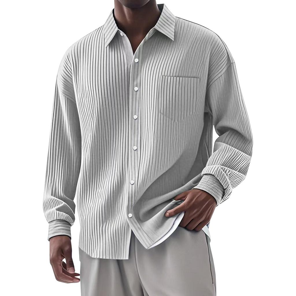 Men's Summer Solid Color Stripe Lapel Long Sleeved Shirt Men's Casual Fashion Long Sleeved Shirt
