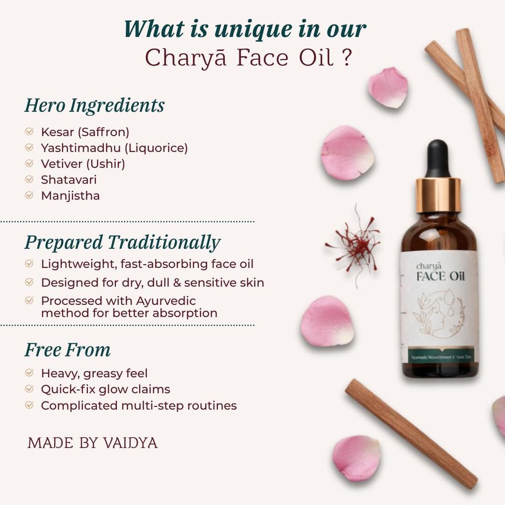 Charya Ayurveda Face Oil for Glowing Skin | Helps In Dark Circles Removal | Helps Reduce Dark Spots & Pigmentation | Helps Reduce Fine Lines & Wrin