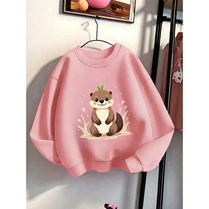 Girls' Crewneck Sweatshirt - Cute Otter with Leaf On Head Machine Washable, Spring And Autumn