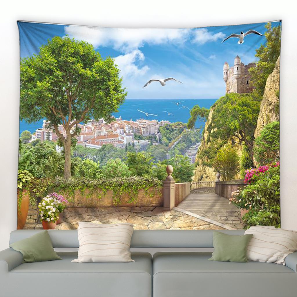 European Seaside Town Flower Tapestry Retro Italian Architecture Plant Scenery Wall Hanging Living Room Room Home Decoration