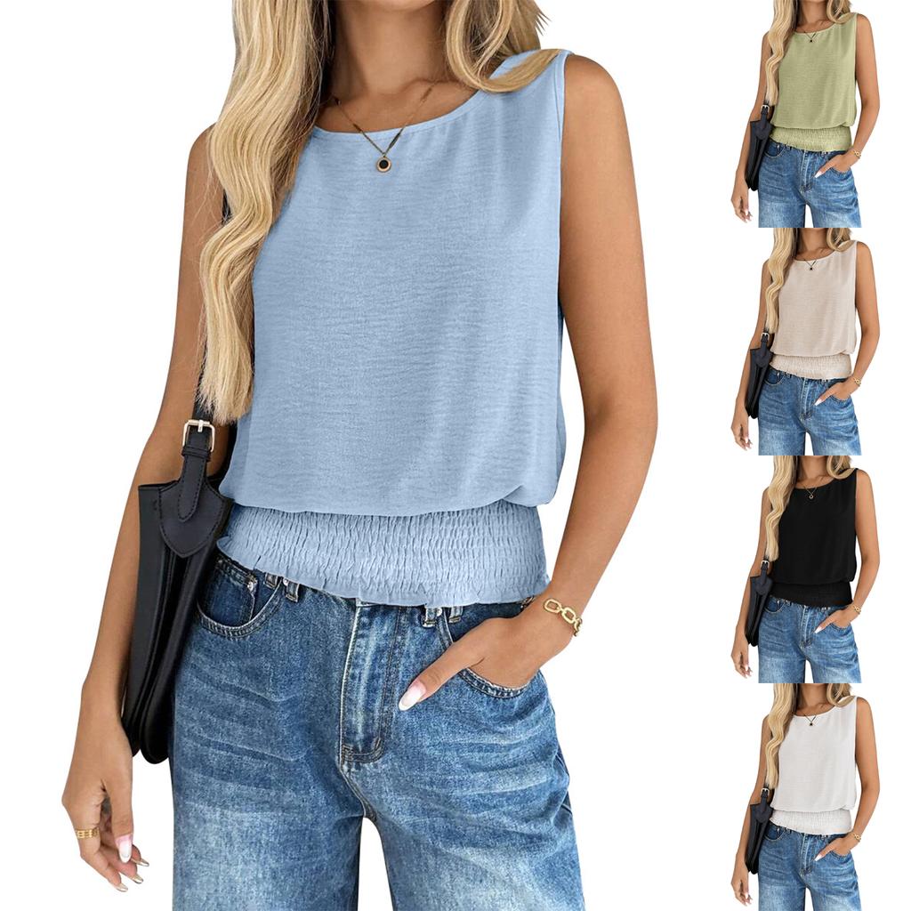 Women's Fashionable Round Neck Sleeveless Hem Pleated Casual Vest Top
