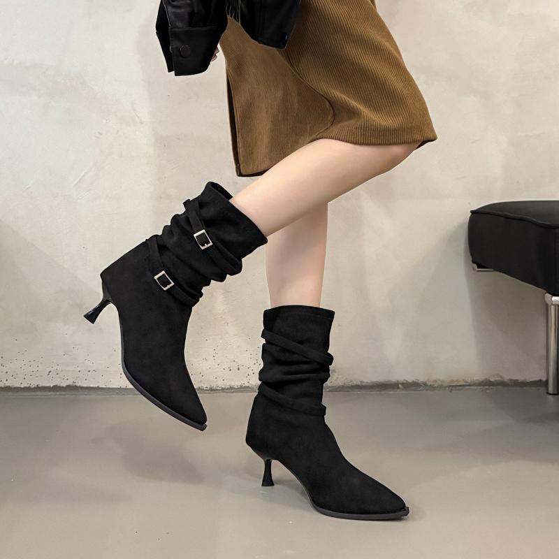New Women's Pleated Women's Knee-high High Heels Ladies Pointed Knight Boots High Quality Knee High Boots Zapatos Mujer