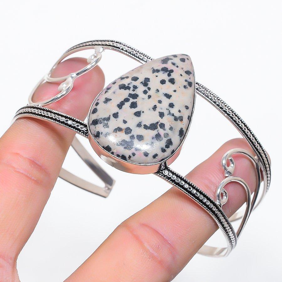 Natural Dalmation Jasper Gemstone 925 Sterling Silver Cuff Bangle Adj f1T52