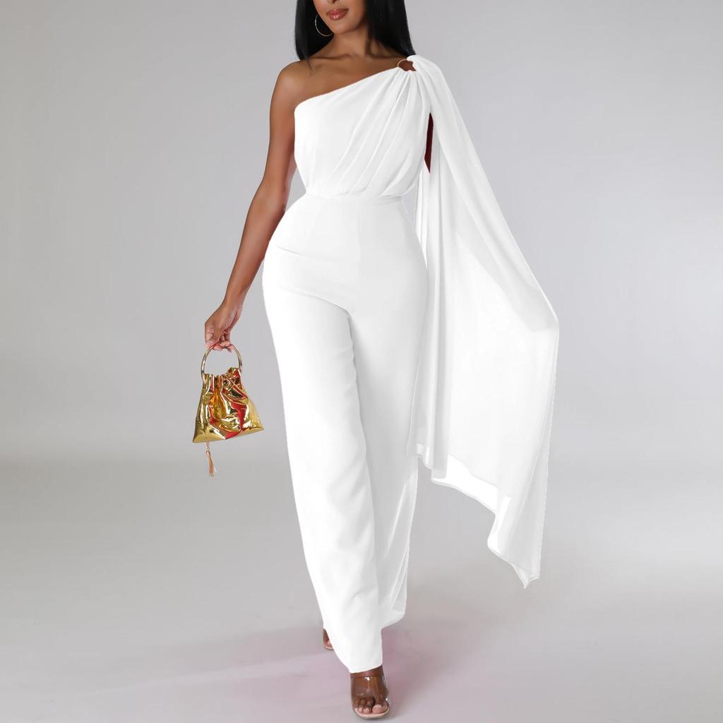 Einfarbiges One-Shoulder-OL-Bankettkleid und afrikanischer Jumpsuit für Damen