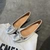 French Elegant Mary Jane Shoes Women's New Bow Leather Medium Thick Heel Silver Single Shoes