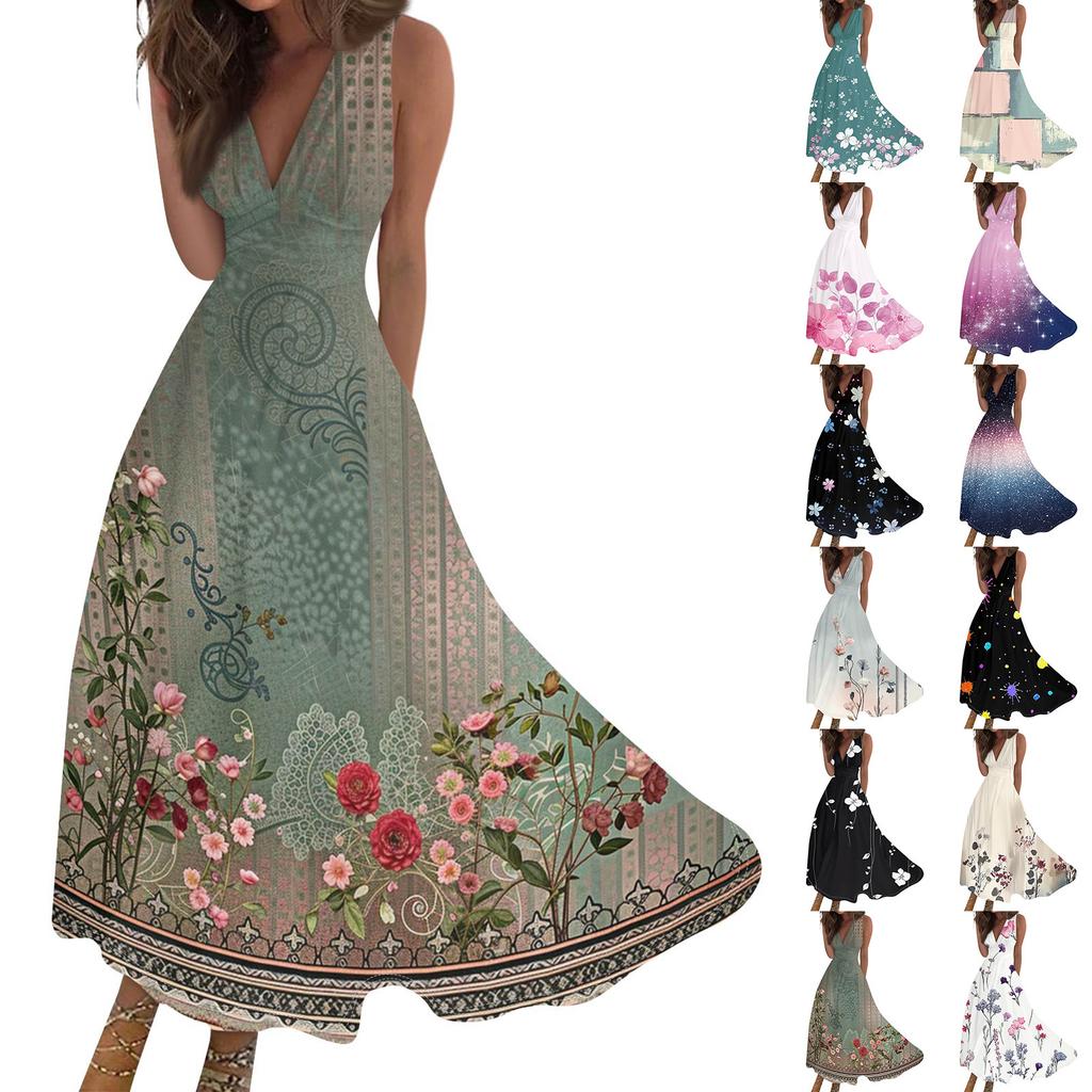 Women's Fashion Casual Loose V-Neck Sleeveless Printed Dresses