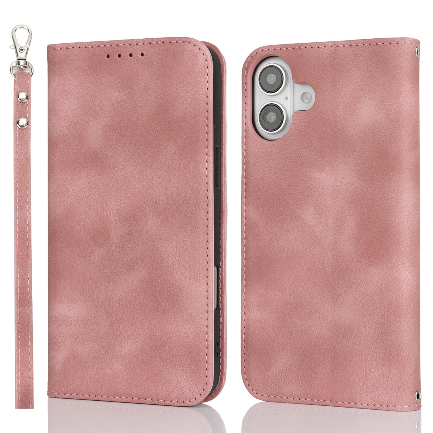

For iPhone 16 Stand Case Magnetic Closure Skin Touch Leather Flip Phone Cover with Wallet Pink