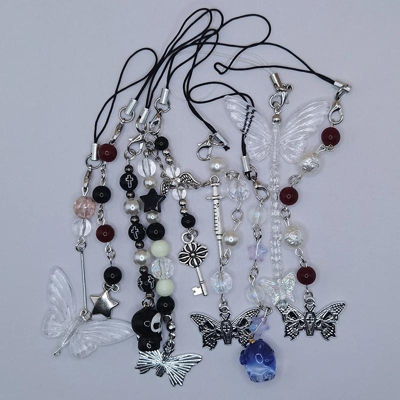 Original Handmade Y2K Phone Charms Pendant Kawaii Cute Cellphone Strap Lanyard Black Red Dark Gothic Chain For Keys Accessories