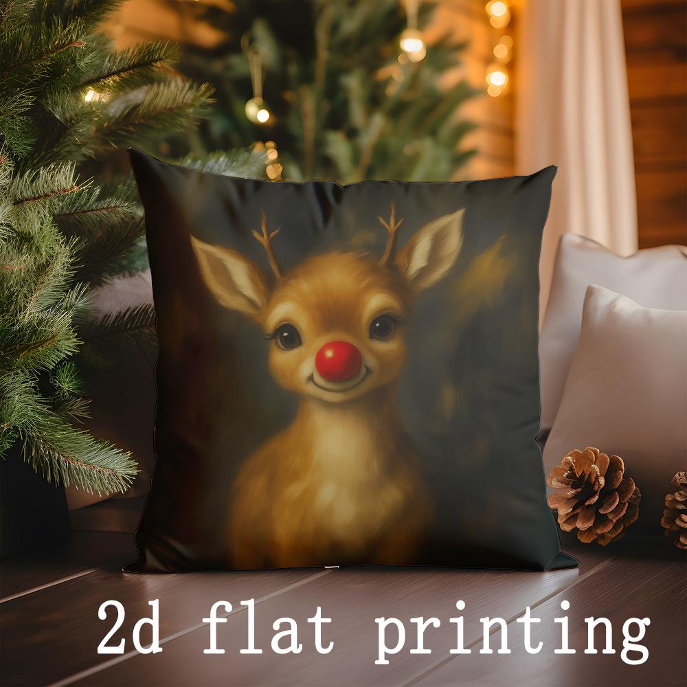 Home Decor Christmas-themed Jolly Deer & Bow Pillow Covers Pattern Cushion Cover Suitable for Sofa Bedroom Car Pillow Cover