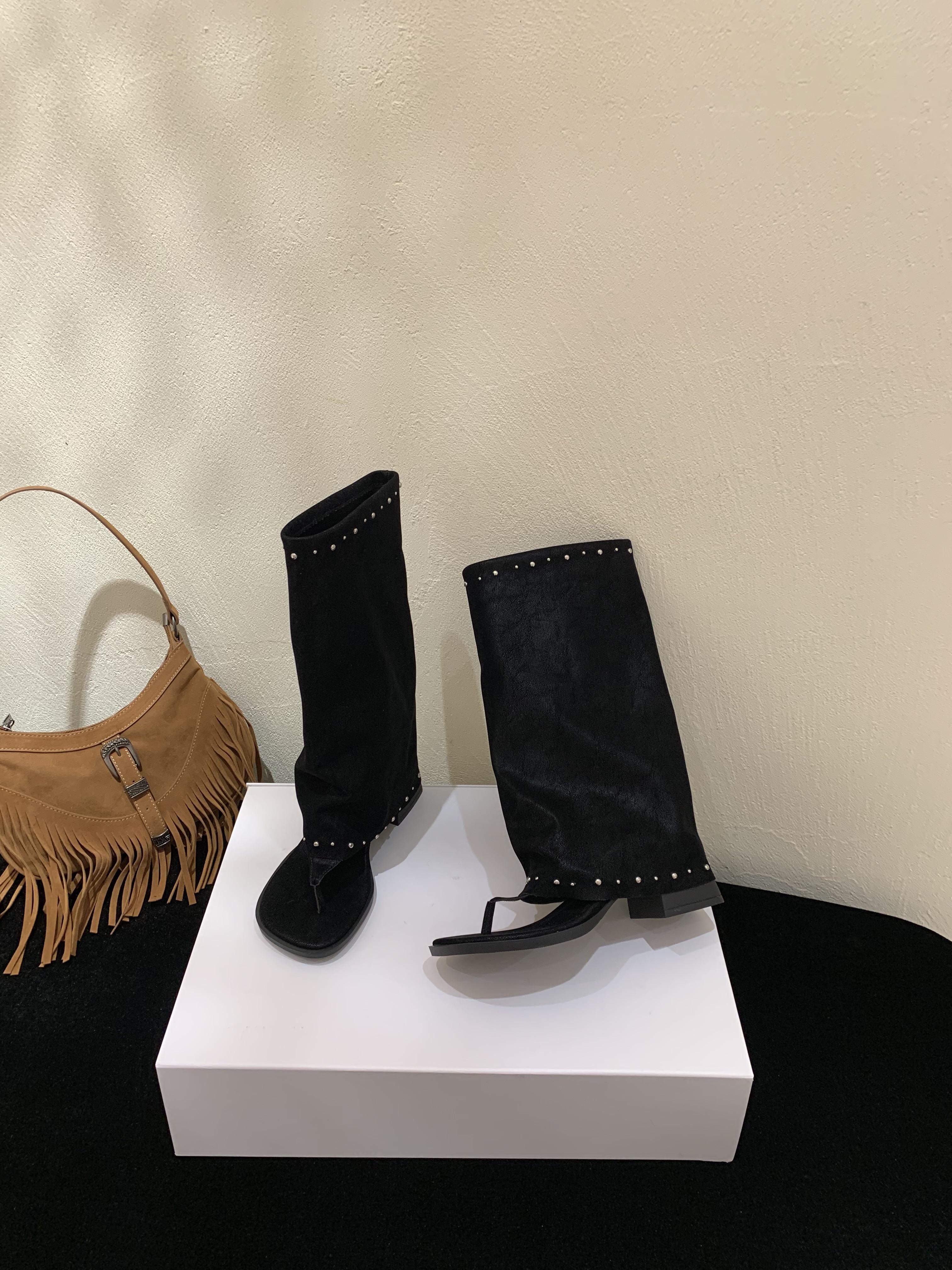 

Black Brown Clip-toe boots rivets boho retro suede pleated piles of trouser boots Summer High Heel Shoes Female Pumps 39 чёрный