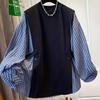 Plus Size Slimming Two-Piece Look Stripe Shirt: Women's Spring/Autumn Round Neck Long Sleeve Top