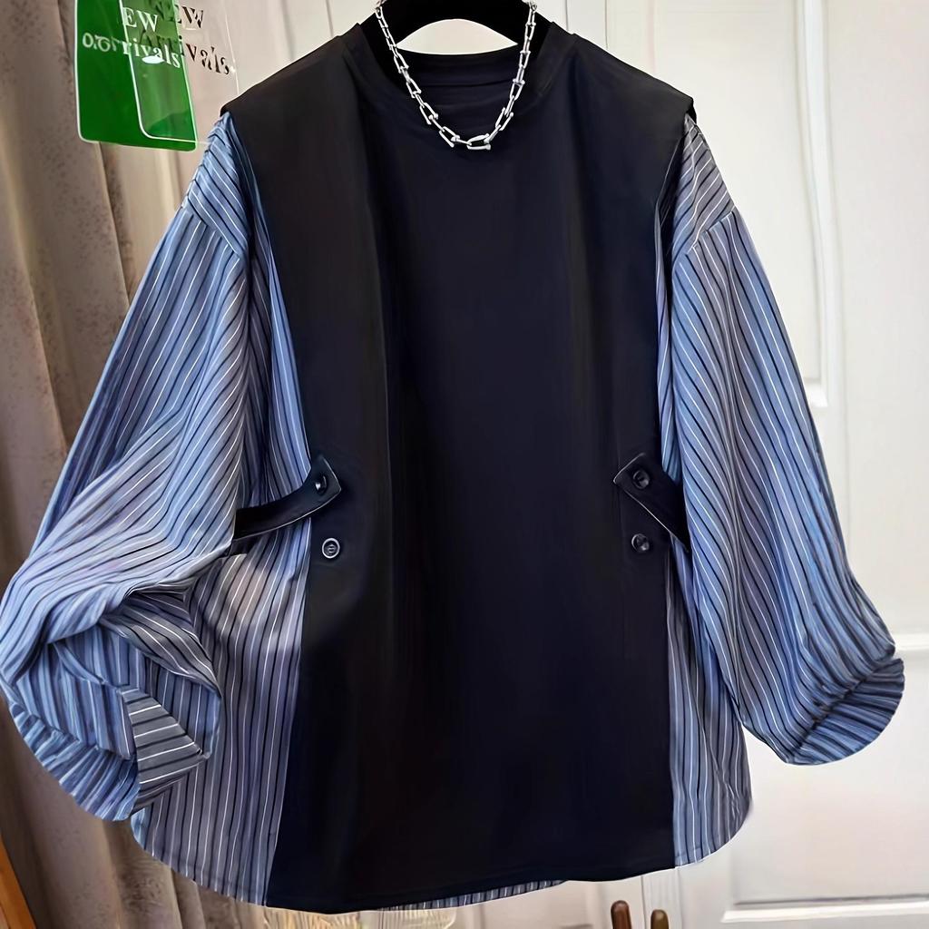 Plus Size Slimming Two-Piece Look Stripe Shirt: Women's Spring/Autumn Round Neck Long Sleeve Top