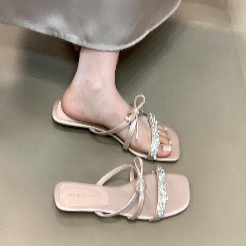 Thin ribbon rhinestone bow one-word drag fairy style high-end sandals outer wear 2025 new