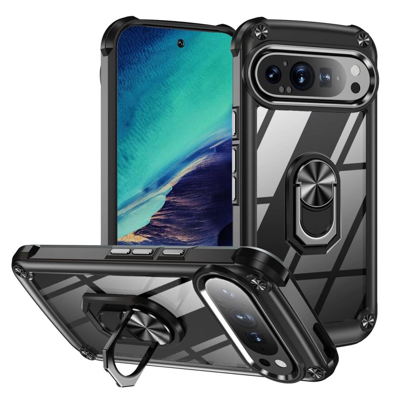 

For Google Pixel 9 Pro/Pixel 9 Case Alloy Lens Frame PC + TPU Kickstand Phone Back Cover A