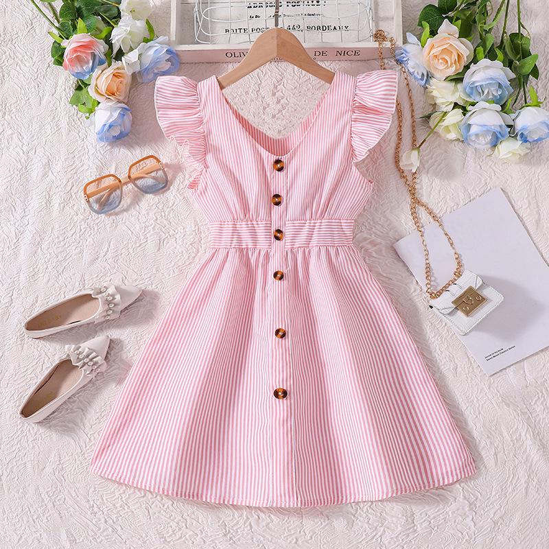 Girls' Summer Princess Striped Flutter Sleeve Dresses, Ages 3-14