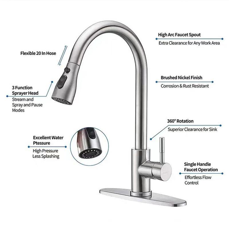 304 Stainless Steel Pull-Out Kitchen Faucet with Rotatable Hot & Cold Feature