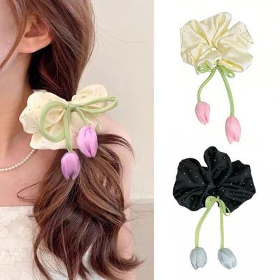 Elastic Material Satin Hairstring Bow Spring Design Tulip Flower Scrunchies  Ponytail Styling