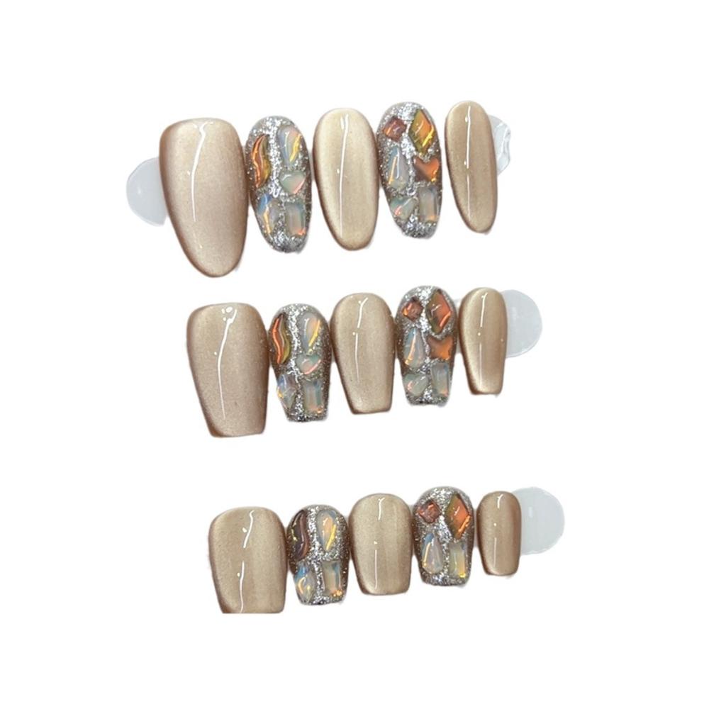 Pure Hand-made Phototherapy Wear Nail Tablets Milk Tea Cat Eye Wear Nail Finished Product Reusable Nail Art