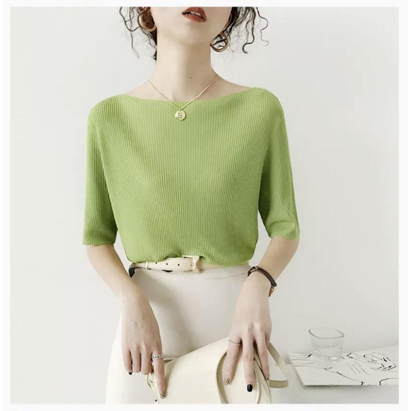 

Топ на одно плечо для женщин, весенний новый стиль, нежный стиль, рукава пять точек, вязаный свитер Niche Ice Silk 2XL зелёный