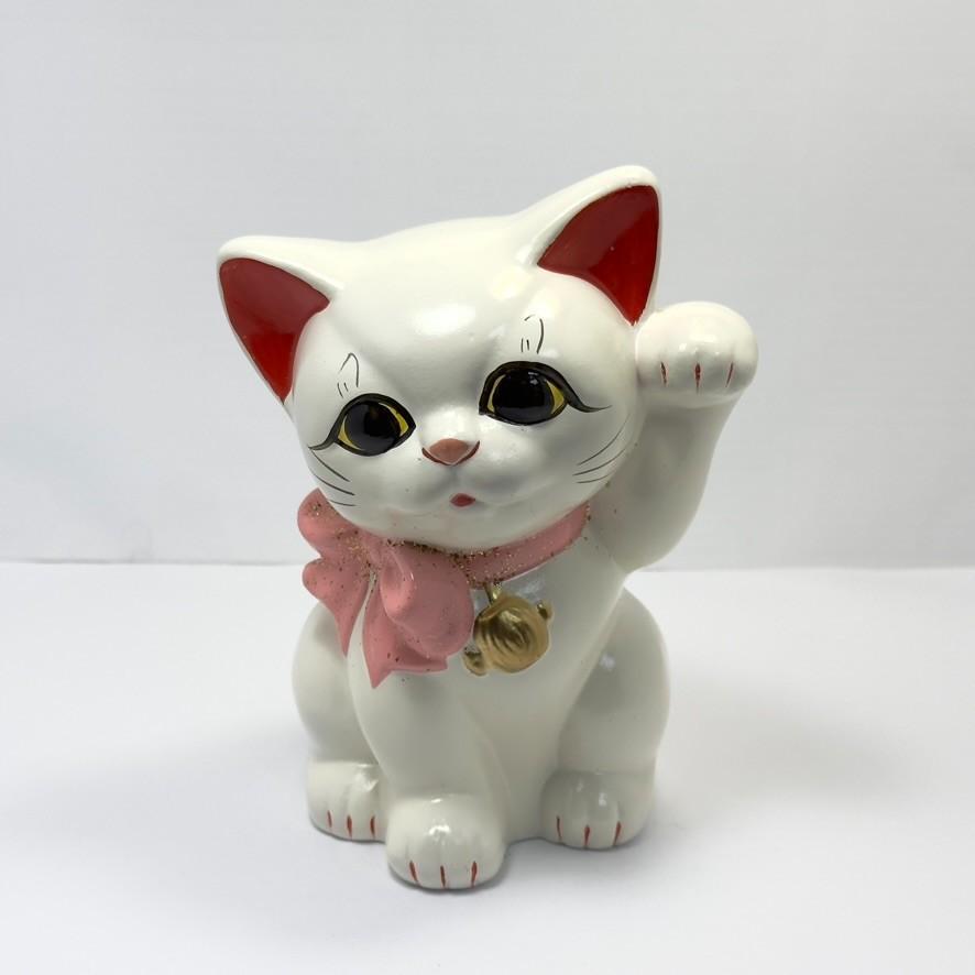 

Lucky Cat Tokoname Ware Ribbon Maneki Neko 16cm Tall Made in Japan M білий