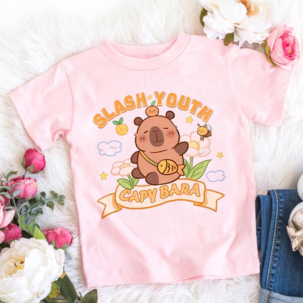 Women Men Capybara Tees Short Sleeved Clothes Boys Girls Round Neck Tops Couple Cute Cartoon Capybara