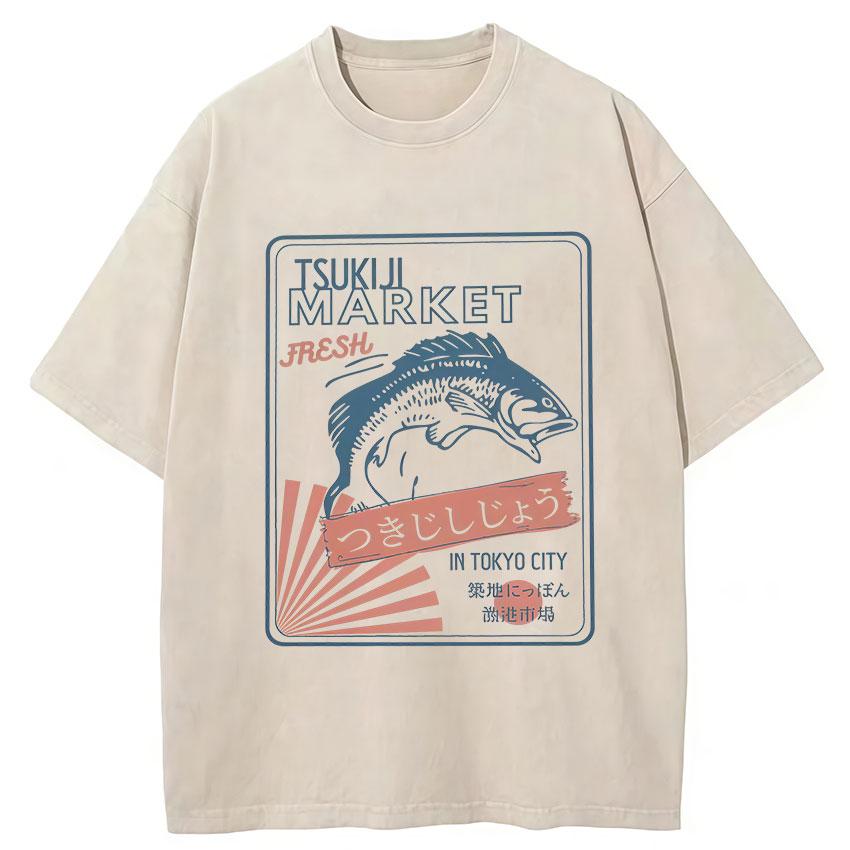 Funny Fish Japanese Tsukiji Market Vintage Washed T Shirts Unisex Women Summer Fashion Cotton Short Sleeve Tshirt Streetwear