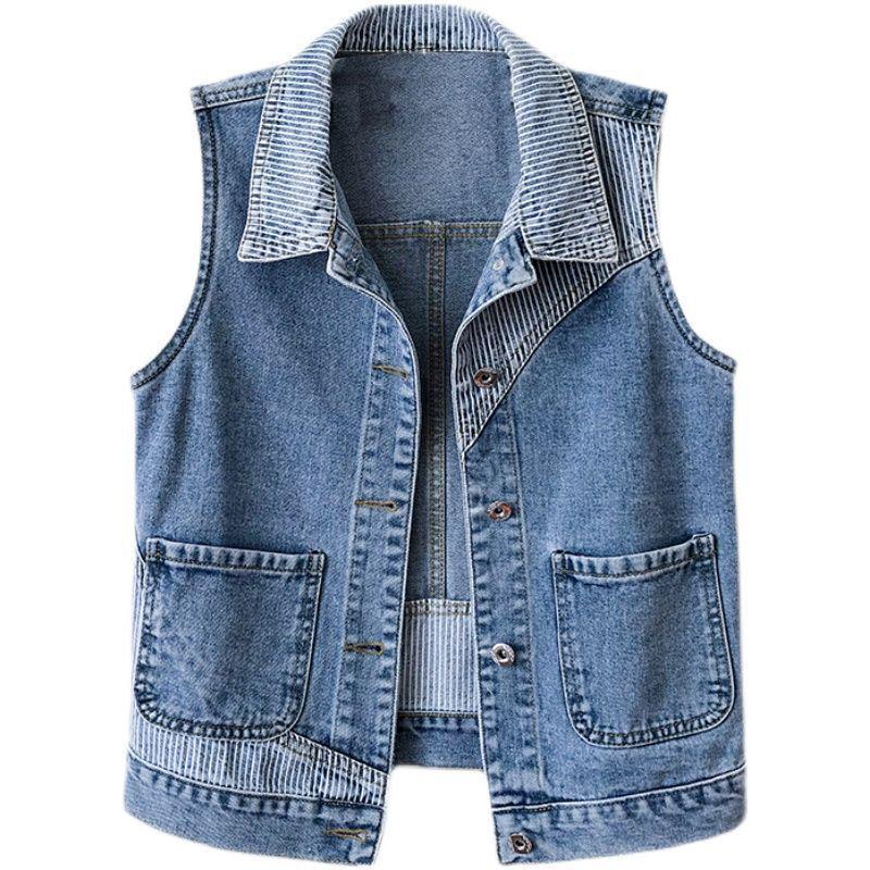 Women's Striped Patchwork Denim Vest 2023 - Slim-Fit Sleeveless Gilet for Spring/Autumn Layering