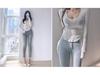 Korean Spring/Summer Slim Fit Sexy U-Neck Sheer Long Sleeve Curved Hem T-Shirt for Women
