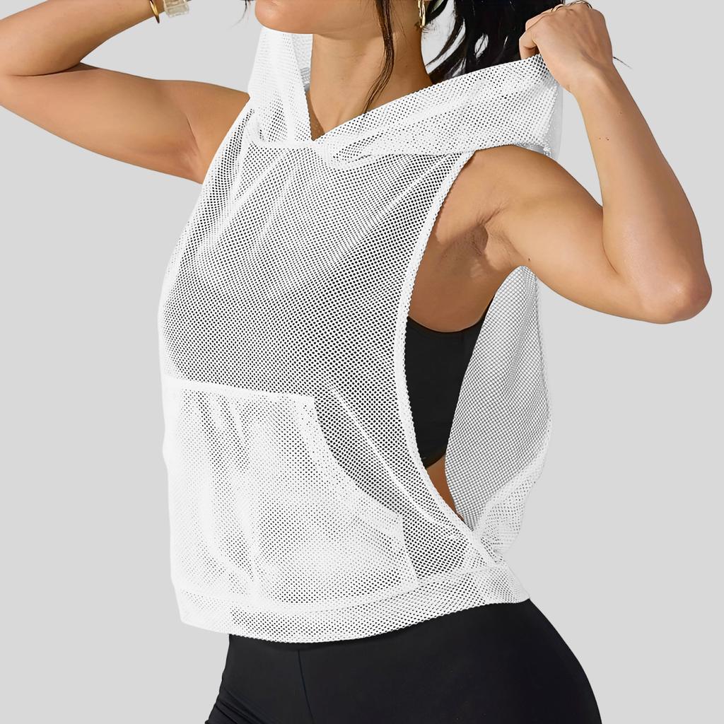 Women Loose Fit Pullover Mesh Hooded Tank Top Lightweight Breathable Fitness Vest Sleeveless Sport Shirt for Gym Yoga Running