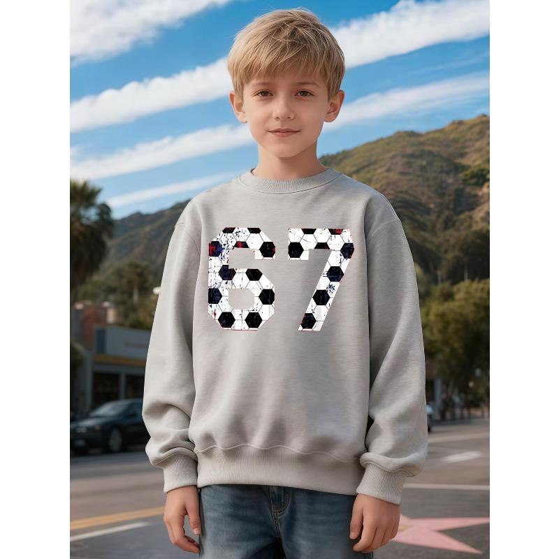 Unisex Kids Crewneck Sweatshirt, Vintage Soccer Ball Texture Number 67 Print Pullover, Boys Casual Birthday Sweatshirt For Kids Over 4 Years Old