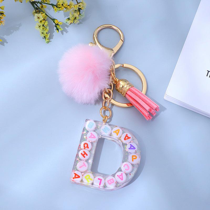 1PC Keyring Key Accessory Letter Filled Colourful Initial Pendant With Fluffy Keychain Glitter Tassel Charms For  Bags Backpacks