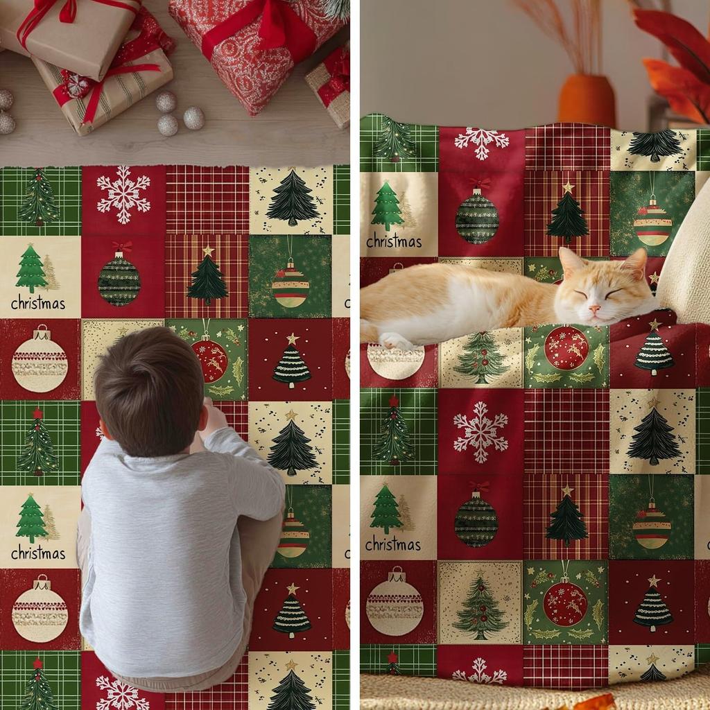 Christmas Flannel Blanket Throw Red Green Checkered Tree Blankets for Couch Sofa Bed Lounging Gifts for Kids Adults Wife Self