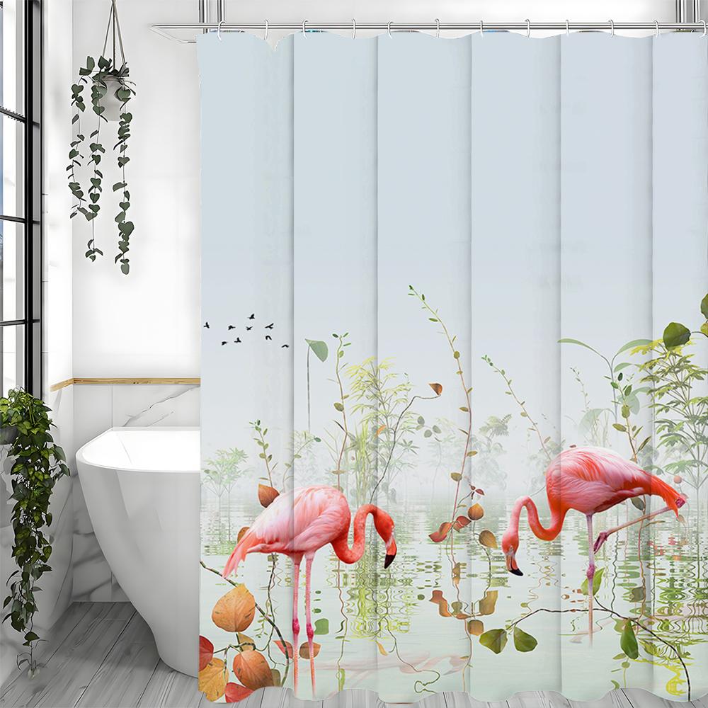 Flamingo Lake Floral Shower Curtain, Bathroom Decorative Shower Curtain, Waterproof Shower Curtain with Hooks