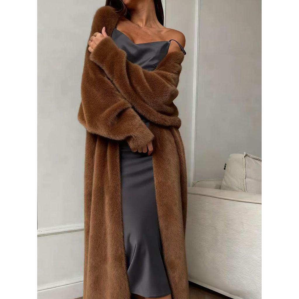 Podzimní a zimní volný kabát Dámský plyšový nadýchaný dlouhý kardigan Imitace norku Bílý pletený kardigan