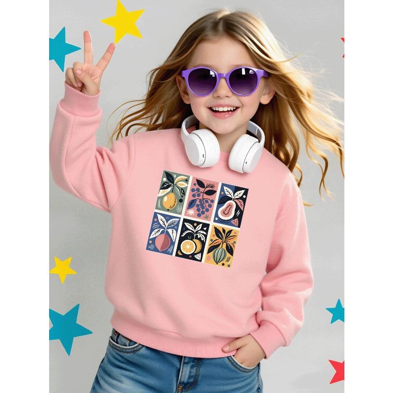 Girls' Long-Sleeve Casual Crewneck Sweatshirt | Fruit Plant Pattern Art Design, Colorful Style