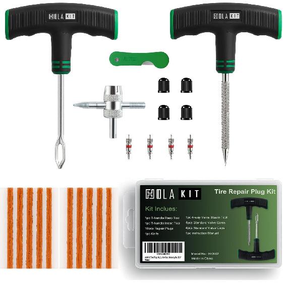 HolaKit Tire Plug Kit, 22PCS Compact Tire Repair Kit With Rubber Plugs, Upgrade T-Handle, 4-Way Valve Steam Tool, Flat Tire Puncture Repair Tools For
