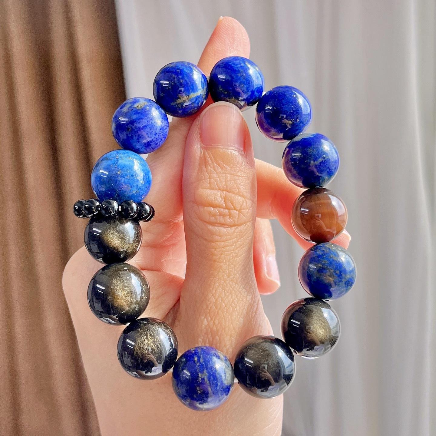 Haute Couture 12Mm Retro High Quality Natural Color Tiger Eye Lapis Lazuli Obsidian Bracelet Bracelet