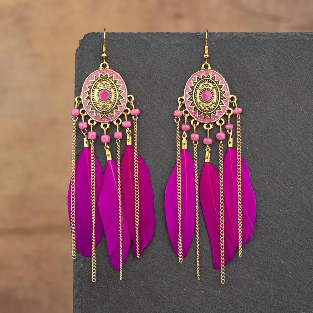 

Ethnic Colorful Feather Tassel Earrings For Women Long Chain Beads Drop Dangling Earrings Girls Vintage Jewelry Accessories