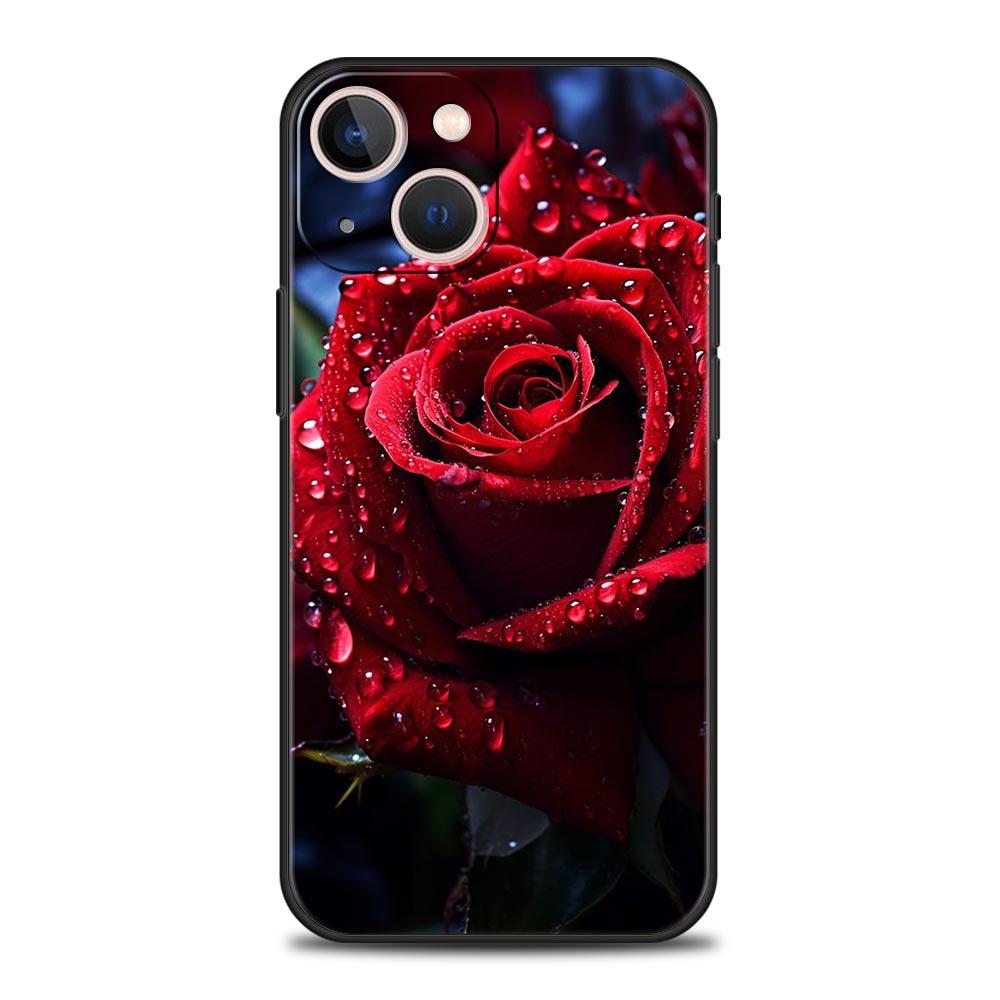 Luxury Phone Case For Apple iPhone 11 15 14 Pro MAX 12 13 7 8 Plus X XR XS MAX SE Black Cover Funda Beautiful Red Rose Flowers