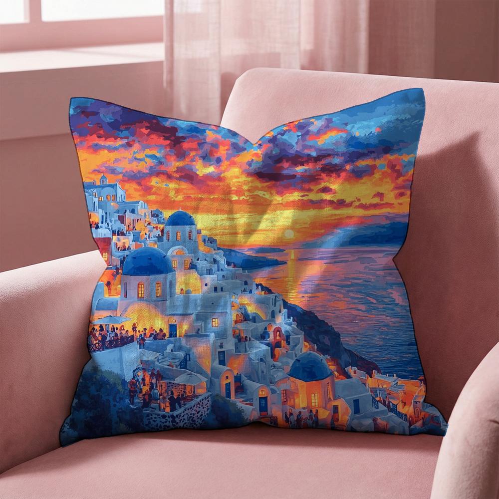 Santorini Landscape Cushion Cover Multi-Scene Pillow Cover for Home & Car - Reversible, Soft & Durable for Daily Use