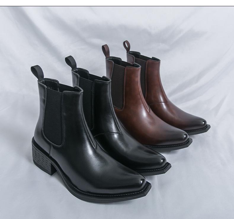 Men's Large Size Pointed Toe Leather Chelsea Boots with Thick Soles and High Heels - British Style Height Increasing Short Boots.