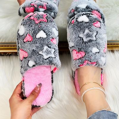 Indoor Antislip Fuzzy Pantoffels, Leuke Hart- en Sterpatroon Slippers, Pluche Schoenen | Pluche Stoffen Slippers voor Thuisgebruik, Casual Instappers met Fleece Voering