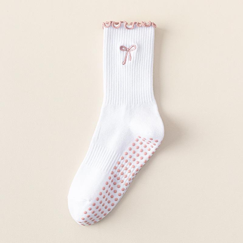 Women's Non-Slip Mid-Calf Pilates Yoga Socks with Bow Embroidery