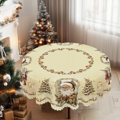 1 Stück Weihnachtstischdecke rund und rechteckig, verschiedene Größen, Weihnachtsmann Rentier Vintage Gold und Weiß Tischdecke, Weihnachts-Gartentisch