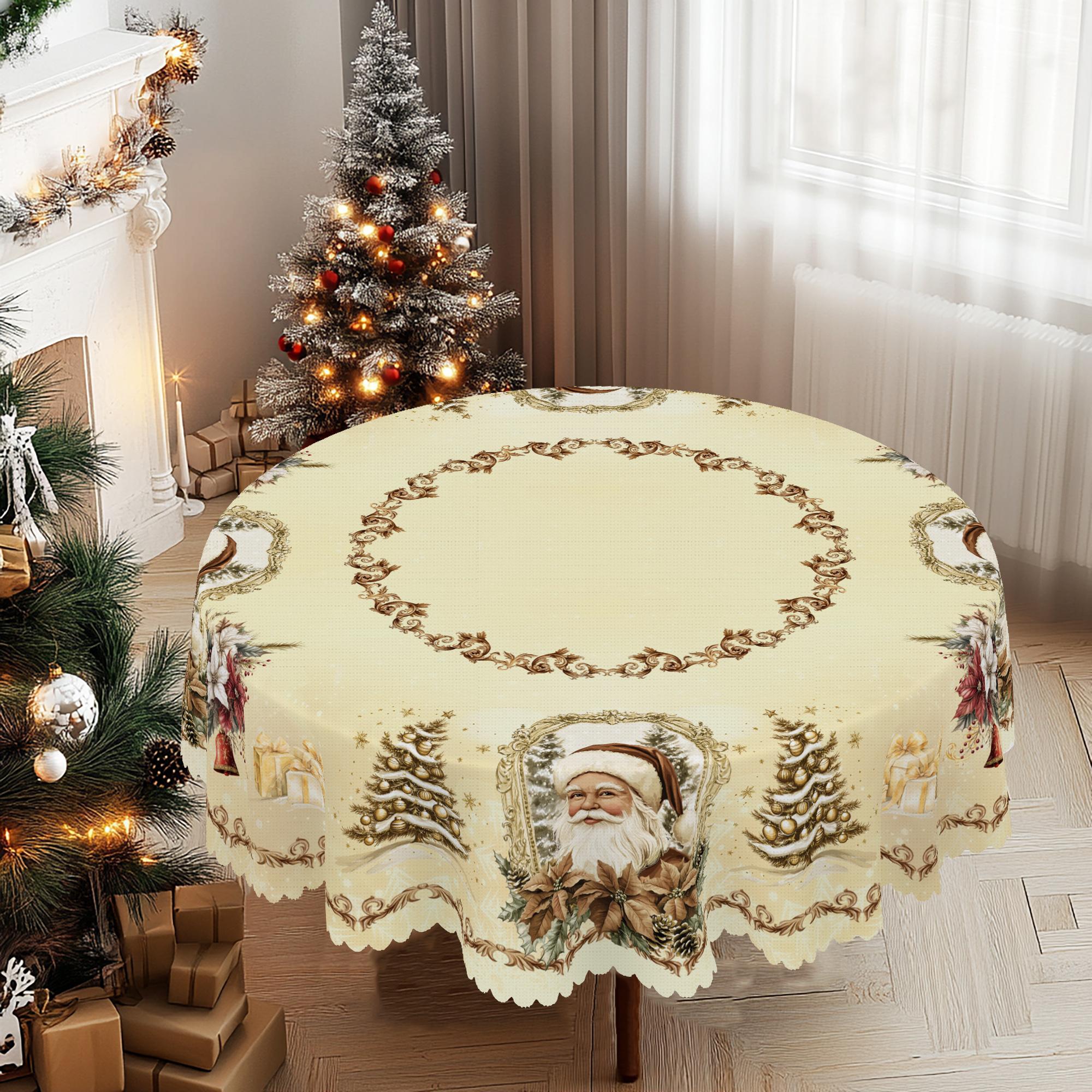 

1 Piece Christmas-Themed Round And Rectangular Tablecloth, Various Sizes, Santa Claus Reindeer Vintage Gold And White Tablecloth, Christmas Yard Table Round (152)Cm