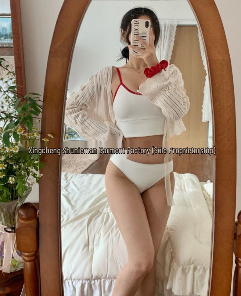 Korean-Style Women's High-Waist Bikini Three-Piece Set - Conservative and Chic Swimwear for Small Chest