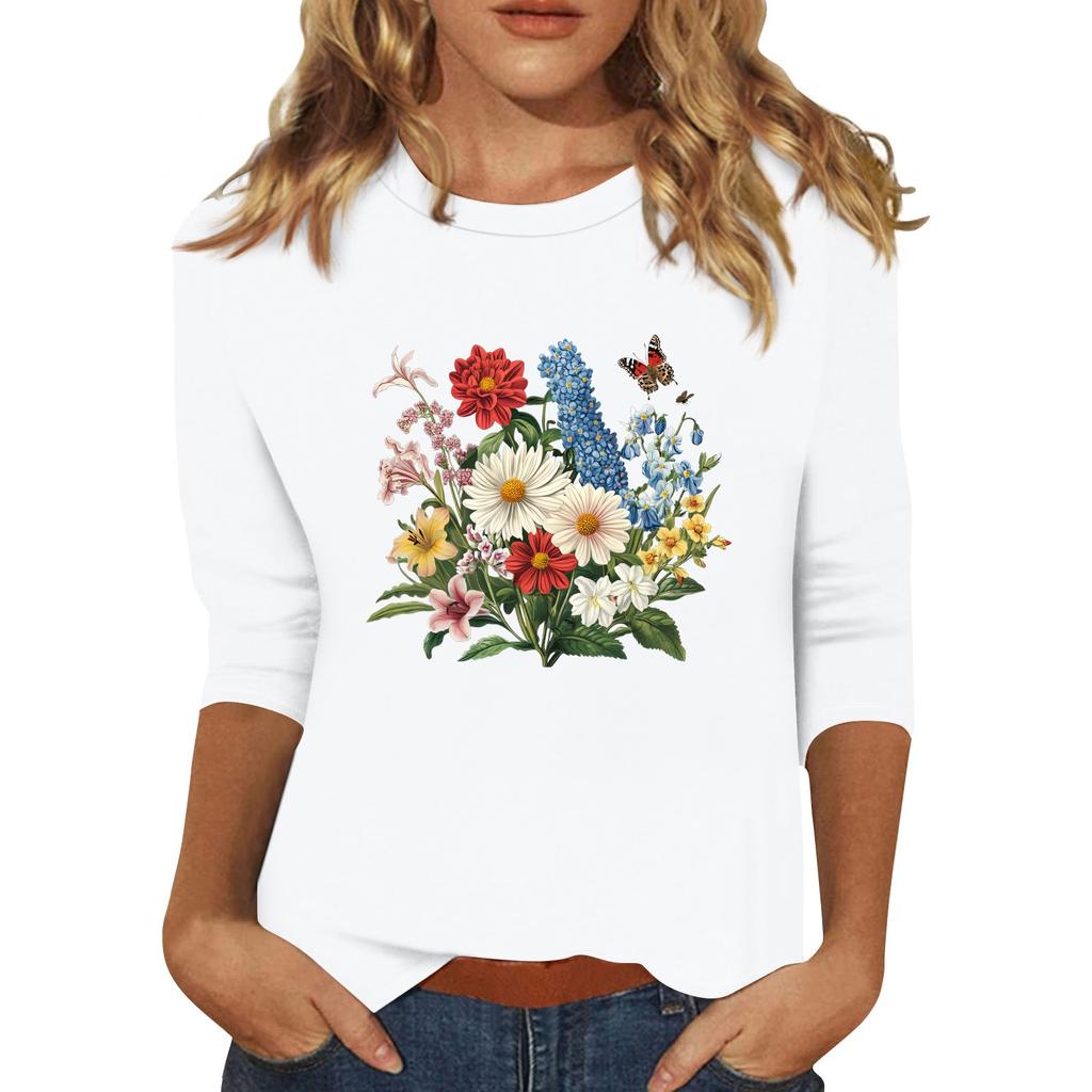 Women's Fashion Casual Seven-Point Sleeve Print Round Neck Top