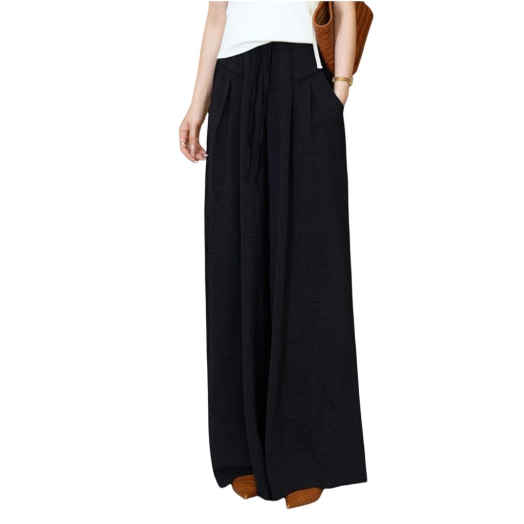 Calças Femininas de Primavera Finas Casuais de Moda Plissadas de Cintura Alta com Caimento Soltas Estilo Preguiçoso de Perna Larga