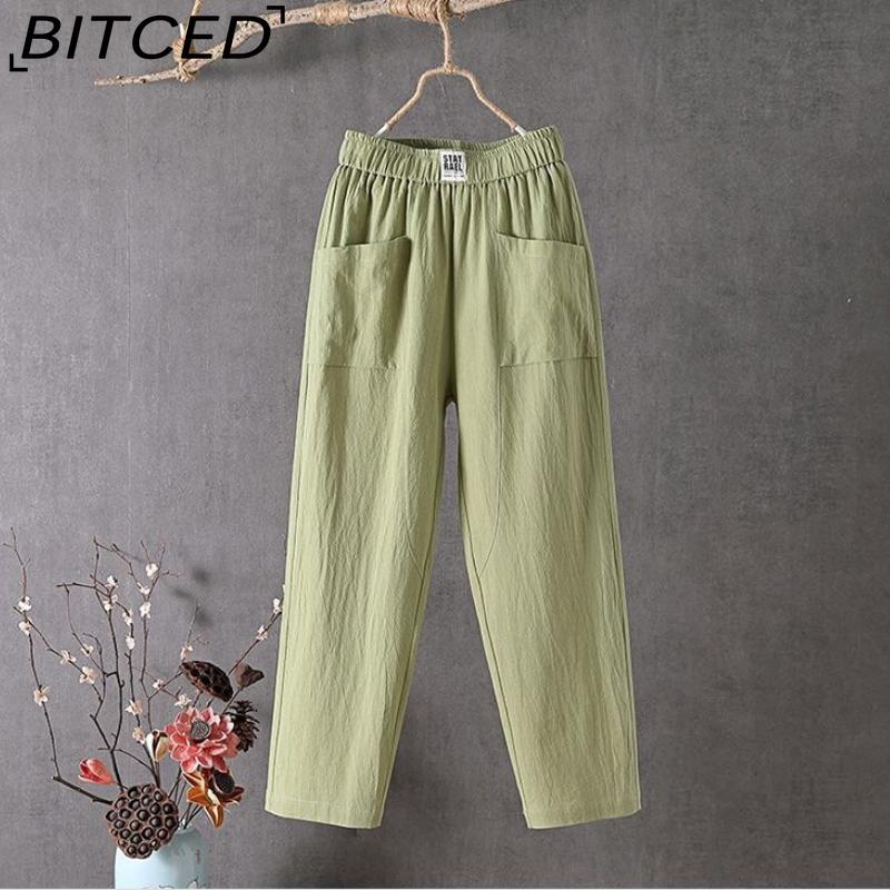 BITCED Summer Women Trousers Casual Cotton Linen Pants Loose Straight Trousers Nine Point Harem Pants