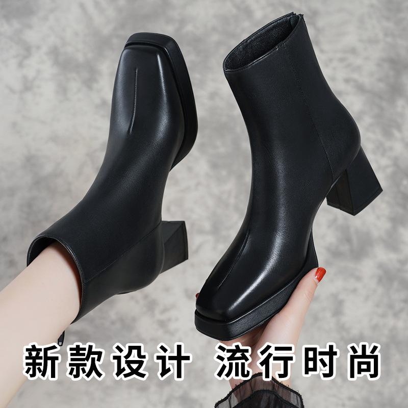 New Cowhide Chelsea Leather Shoes Sheepskin Cigarette Short Boots Thick High Heel Square Head Leather Women's Shoes